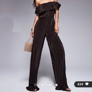 ASOS DESIGN plisse bardot wide leg jumpsuit in chocolate Medium